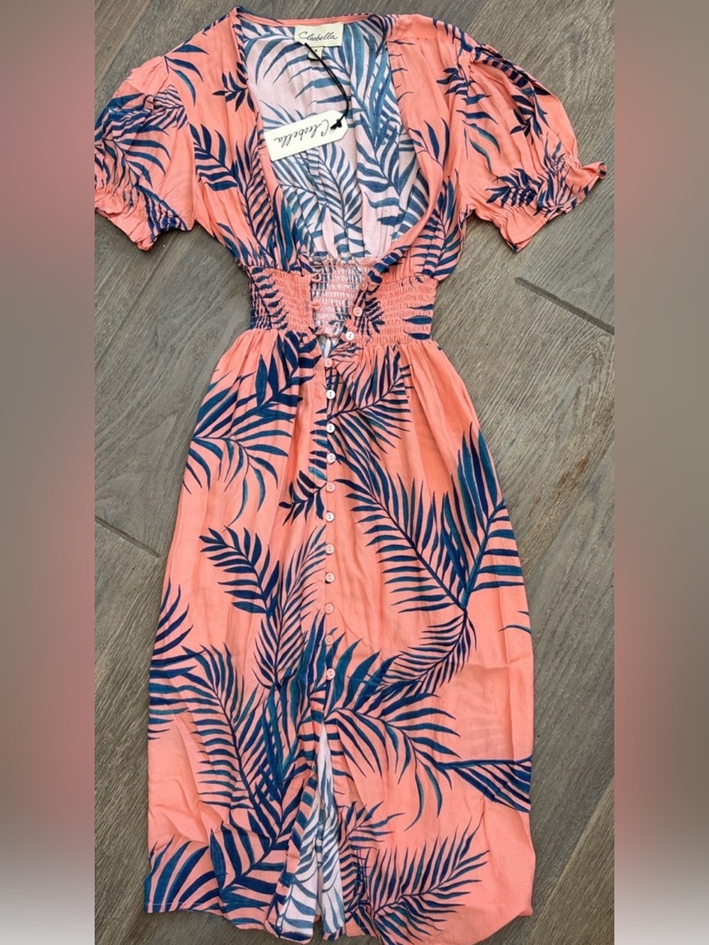 Cleobella Coral Midi Dress with Navy Palm Print